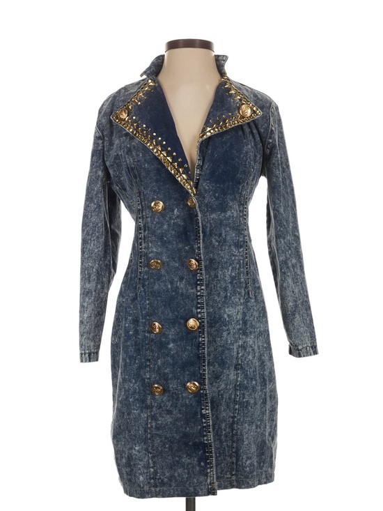 Cache Jackets & Blazers - Vintage Cache Denim Dress Jacket Embellished Gold Studded Double Breasted Coat